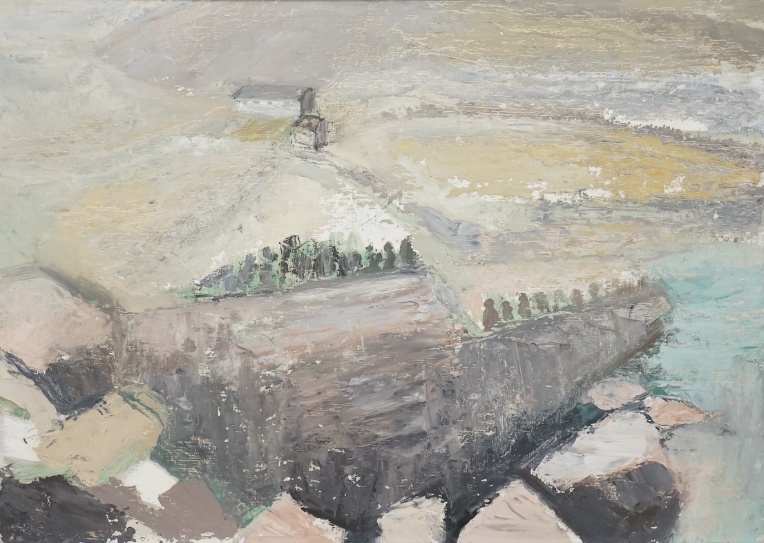 Abstract oil on board, Landscape with cottage, unsigned, 40 x 54cm